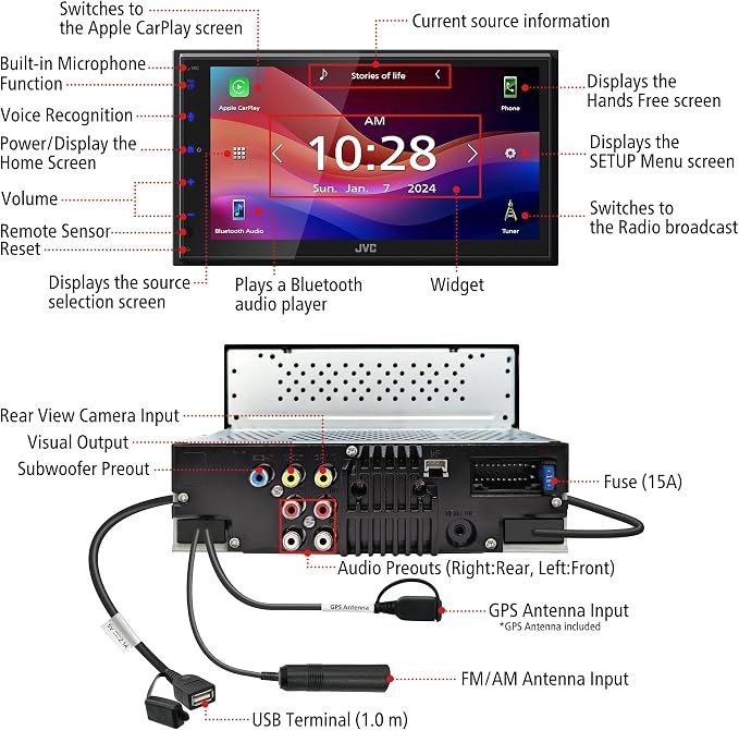 JVC KW-M590BT Single Din/Double Din Car Stereo (50W x 4-Ch), L-Shaped Chassis Fits Most Cars, Large 6.8" Hi-Res Touchscreen, AM/FM, Apple CarPlay, Android Auto, Rear Camera Input, USB 2.1 Fast Charge