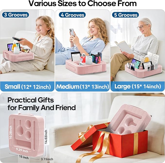 Couch Cup Holder Tray, Couch Caddy for Drink, Snack, Phone, Remote, Ipad, Game Controller, Large-Size Sofa Cup Holder for Bed, Sofa, Car, Desk, Pink