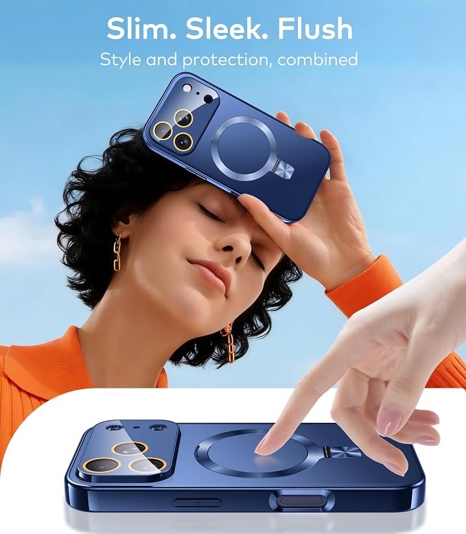 Magnetic for iPhone 17 Pro Case with Ring Stand, Fits MagSafe, with Built-in Camera Cover, Slim Electroplated Shockproof Phone Case, Blue