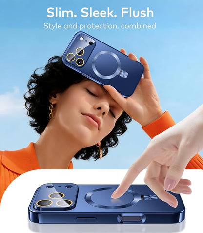 Magnetic for iPhone 17 Pro Case with Ring Stand, Fits MagSafe, with Built-in Camera Cover, Slim Electroplated Shockproof Phone Case, Blue