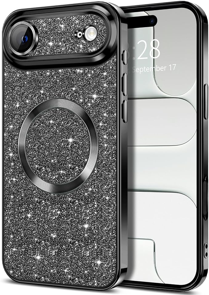 Hython for iPhone Air Case Glitter Clear Magnetic Phone Cases [Compatible with MagSafe] Full Camera Lens Protector Sparkle Luxury Plating Slim Shockproof Protective Cover Women, Black