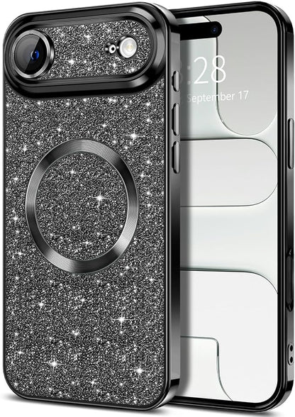 Hython for iPhone Air Case Glitter Clear Magnetic Phone Cases [Compatible with MagSafe] Full Camera Lens Protector Sparkle Luxury Plating Slim Shockproof Protective Cover Women, Black