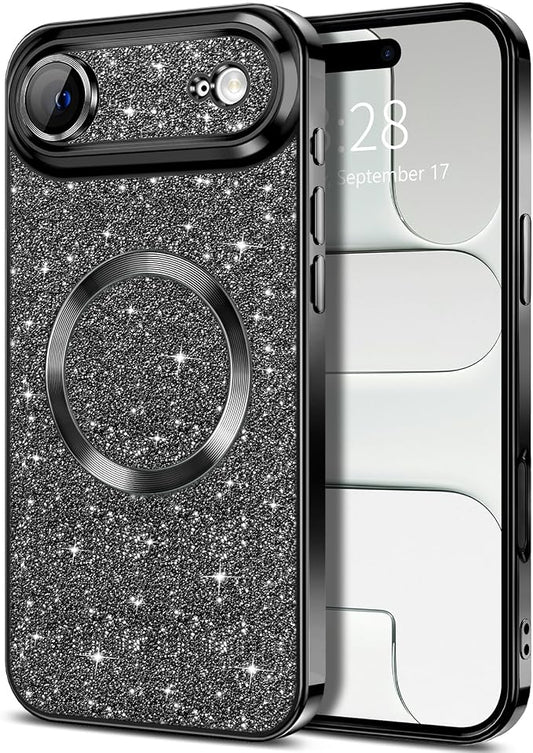 Hython for iPhone Air Case Glitter Clear Magnetic Phone Cases [Compatible with MagSafe] Full Camera Lens Protector Sparkle Luxury Plating Slim Shockproof Protective Cover Women, Black