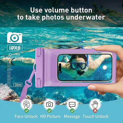 Waterproof Phone Pouch, with Interior Card Pocket, Large Waterproof Phone Case for iPhone 17 16 15 14 Pro Max, IPX8 Lightweigt Cellphone Dry Bag, Beach Cruise Ship Essential,2 Pack-Purple-8.3″