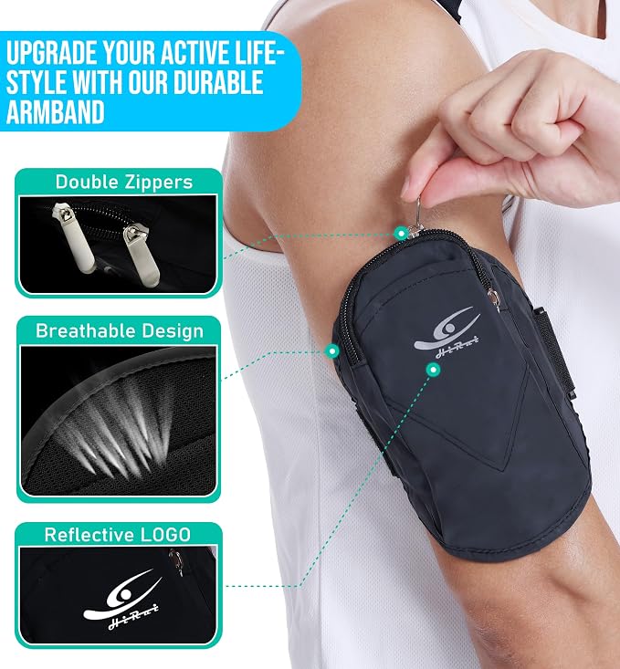 HiRui Universal Comfort Armband Phone Holder Running Armband Adjustable Wristband Phone Holder for Exercise Workout Compatible with iPhone 17/16/15/14/Plus/Pro Samsung Galaxy All Phones (Black)
