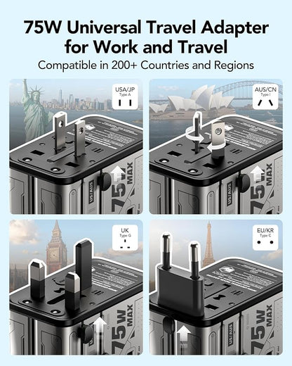 MFish 75W Universal Travel Adapter, 5-Port International Power Adapter with Retractable USB-C Cable, 3 USB-C & 1 USB-A + AC Outlet, Worldwide Wall Charger for MacBook, iPhone, iPad, EU/UK/US/AUS, Grey