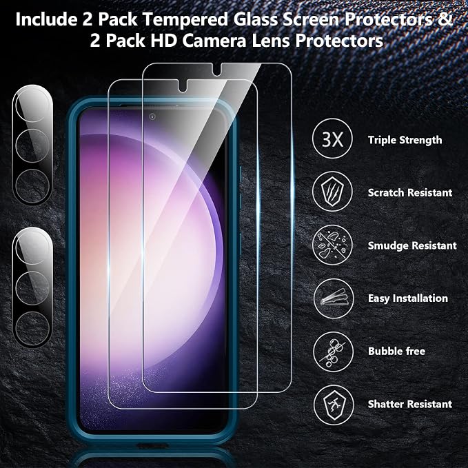 SPIDERCASE Designed for Samsung Galaxy S23 Case, [10 FT Military Grade Drop Protection], 2 Pack [Tempered Glass Screen Protector+Camera Lens Protector] Heavy Duty Shockproof Case, Sea Blue
