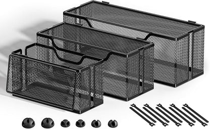 Marbrasse 3 Pack Cable Management Box, Metal Mesh Cord Organizer Box for TV Wires, Electrical Hiding, Power Strip – Under Desk Cable Storage Box with Cable Clips&Reusable Cable Ties for Home/Office