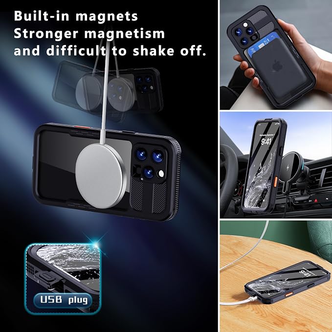 Omio Designed for iPhone 16 Pro Waterproof Case Compatible with MagSafe, Magnetic Waterproof Full Body IP68 Underwater Case Built-in Screen Protector Military Grade Shockproof Case for Men Women Black