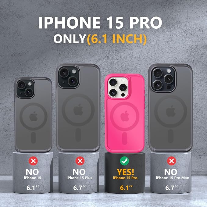 MOCCA Strong Magnetic for iPhone 15 Pro Case, [Compatible with Magsafe][13FT Military Drop Protection] Slim Translucent Matte Shockproof Case for iPhone 15 Pro Phone Case 6.1'', Hot Pink