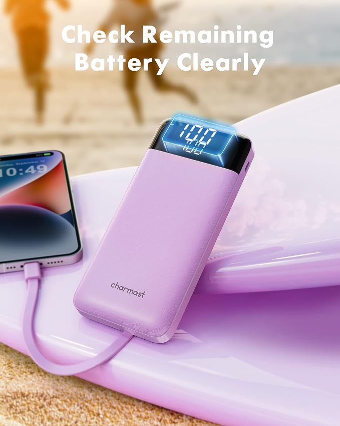 charmast 10000mAh Portable Charger,Built-in 4 Cables,6 Outputs/3 Inputs,3A Fast Charging,Compatible with iPhone,iPad,Samsung,Pixel,LG