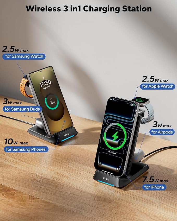 KPON 3 in 1 Charging Station for Samsung, Wireless Charger for Thick Cases, Foldable Phone and Watch Charger Stand for Galaxy S26/S25/S25 Ultra/S24/Z Fold/Android Devices, Galaxy Watch and Earbuds
