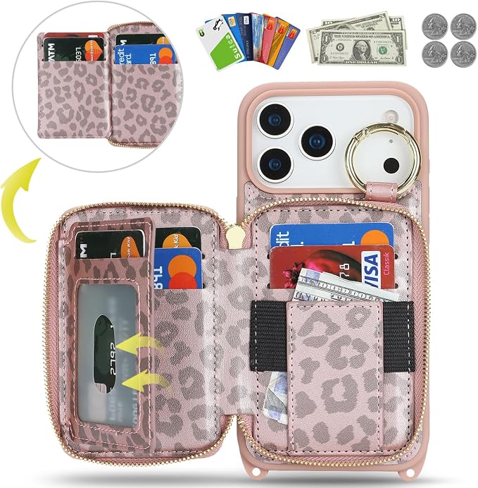 Crossbody Wallet Case for iPhone 17 Pro Max, PU Leather Zipper Handbag Purse Flip Cover, Kickstand Folio Case with Card Slots Holder Wrist Strap Lanyard 5G 6.9 Inch-Pink Leopard