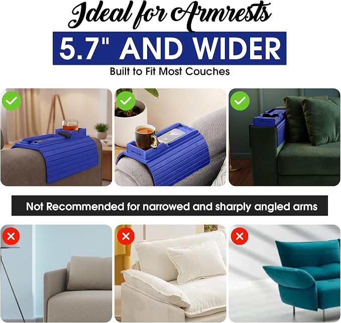 Couch Cup Holder Tray with 2 Cork Coasters, Couch Caddy, Anti-Slip Foldable Armrest Sofa Tray, Couch Armrest Table, Anti-Spill Holder for Remote, Snacks, Cellphone - Ideal Gift (Blue)