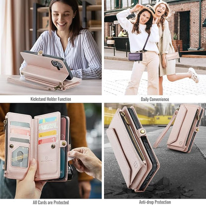 Strapurs Wallet Case Compatible with iPhone 16 Plus 6.7" RFID Blocking 10-Card Holder Soft PU Leather Magnetic Snap Shoulder Strap Zipper Pocket Phone Case Fit for iPhone 16 Plus - Rose Gold