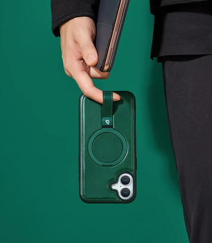 for iPhone 17 Leather Case with Stand, Anti-Slip Grip Ring, Fits for MagSafe (Green, iPhone 17)