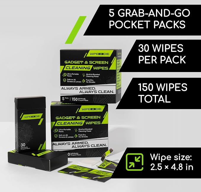 Electronic Wipes for Touch Screens - 150 Phone Wipes for Mobile, Tablet & Car Displays - Lens Wipes Individually Wrapped - Alcohol-Boosted