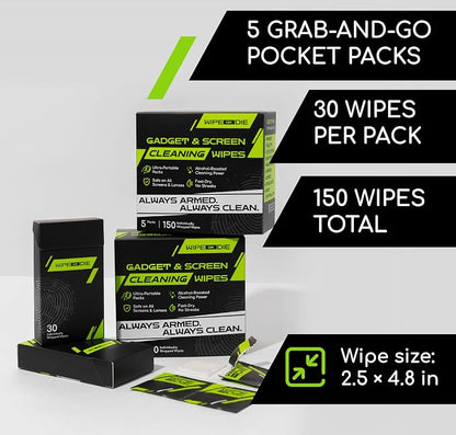 Electronic Wipes for Touch Screens - 150 Phone Wipes for Mobile, Tablet & Car Displays - Lens Wipes Individually Wrapped - Alcohol-Boosted