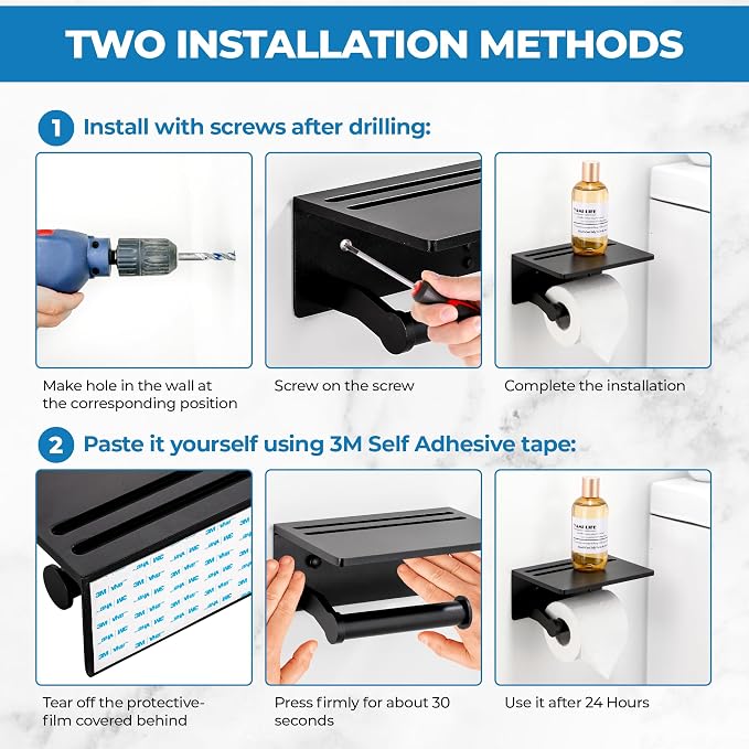 Toilet Paper Holder with Shelf, Black Anti-Rust Aluminum Tissue Roll Holder with Mobile Phone Storage Shelf for Bathroom, 3M Self Adhesive No Drilling or Wall Mounted with Screws
