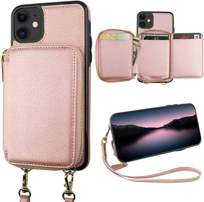 Bocasal RFID Blocking Wallet Case for iPhone 11, Adjustable Crossbody Zipper Purse Case Card Holder with Kickstand Detachable Wrist Strap, PU Leather Flip Folio Case 6.1 Inch (Rose Gold)