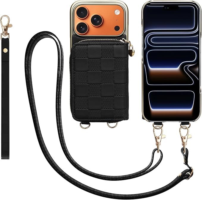 Keallce for iPhone 17 Pro 6.3'' Wallet Case, Crossbody Zipper Purse with 4 Card Slots RFID Blocking, Lanyards & Wrist Straps, Flip Leather Folio Cover with Kickstand for iPhone 17 Pro, Black