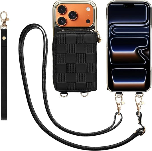 Keallce for iPhone 17 Pro 6.3'' Wallet Case, Crossbody Zipper Purse with 4 Card Slots RFID Blocking, Lanyards & Wrist Straps, Flip Leather Folio Cover with Kickstand for iPhone 17 Pro, Black