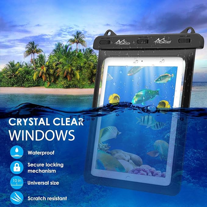 MoKo Waterproof Tablet Case, Tablet Pouch Dry Bag Compatible with iPad 10th, iPad Pro 11 2022, iPad 9/9.7/10.2, iPad mini 6/5/4/3, iPad Air 5/4, Air 3, Galaxy Tab S6/S7, Tab A 9.7, Up to 12", Black
