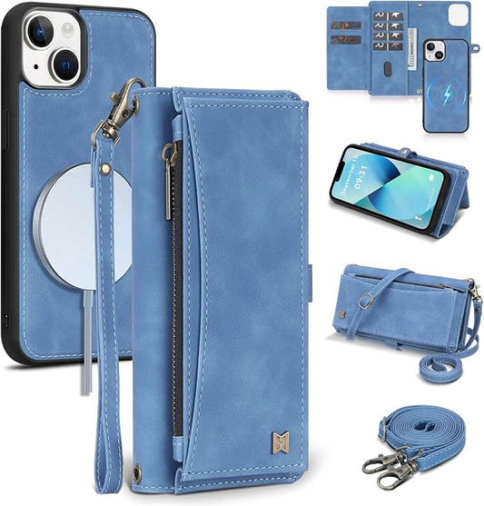 Wallet Case for iPhone 13 with Card Holder/Crossbody Wallet/Strap| RFID Blocking | Magnetic | Kickstand | Detachable | PU Leather Phone Case for iPhone 13,6.1 in,Sky Blue