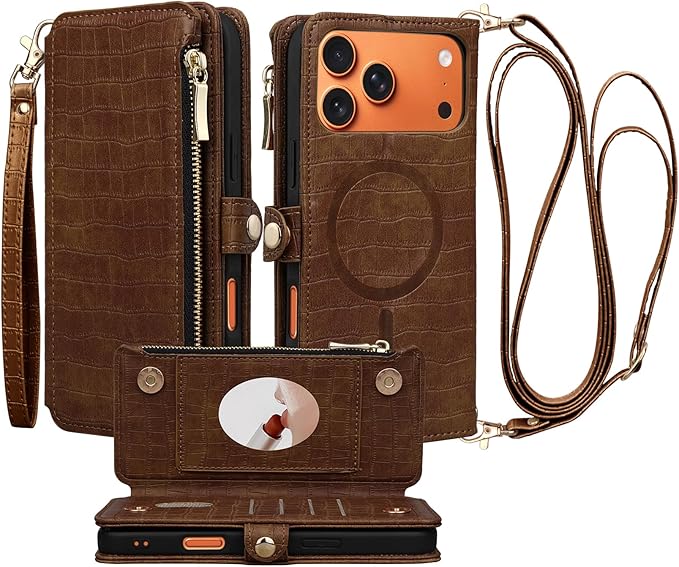 Crossbody Wallet Case for iPhone 17 Pro Max with Mirror, Wrist Strap, Zipper Purse Magnetic Flip, RFID Blocking Card Holder, Wireless Charging, PU Leather Shockproof 6.9" Women (Brown)