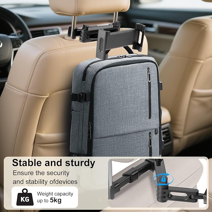 Kairiyard Tablet Holder for Car, 3 in 1 Extension Arm Adjustable Car Headrest Tablet Holder Road Trip Essentials Back Seat Tablets Cars Mount Compatible with iPad Pro, Air, Mini, 4.7-11" Devices