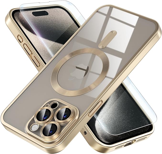 Misea Magnetic for iPhone 15 Pro Max Case [Never Yellowing] [Military Grade Drop Protection] Full Camera Lens Protector Soft Clear Phone Case for Women Girls, Titanium Gold