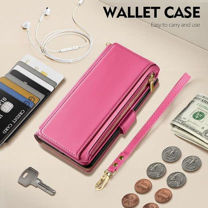 Antsturdy Compatible with iPhone 17 Pro Wallet Case Women,RFID Blocking PU Leather Phone Case Men Kickstand Flip Cover Wrist Strap Zipper Credit Card Holder Slots for Apple 17 Pro 6.3",Hot Pink