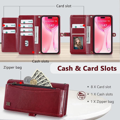 Wallet Case for iPhone 15 Plus with Card Holder/Crossbody Wallet/Strap| RFID Blocking | Magnetic | Kickstand | Detachable | PU Leather Phone Case for iPhone 15 Plus,6.7 in,Wine Red