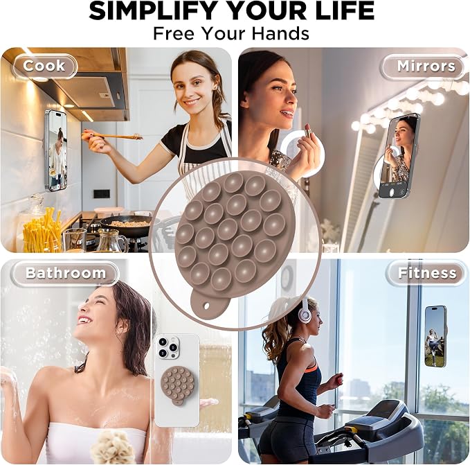 Magnetic Suction Cup Phone Mount with MagSafe, Silicone Hands-Free Grip Holder for iPhone Case and Android, Mirror Shower Phone Stand for Makeup FaceTime Gym Kitchen Bathroom, Light Brown