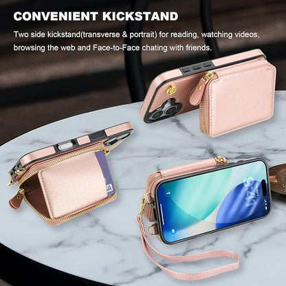Bocasal for MagSafe Crossbody Wallet Case Compatible with iPhone 17, RFID Blocking Protective Purse Case with Card Slots Holder Kickstand Wrist Strap Lanyard Zipper 6.3 Inch 5G (Rose Gold)