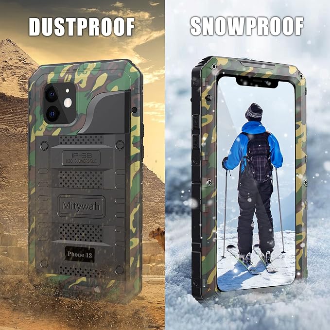 Mitywah Waterproof Case for iPhone 12, Heavy Duty Shockproof Case with Built-in Screen Protector, Full Body Underwater Protective Metal Case 6.1 inch, Camouflage