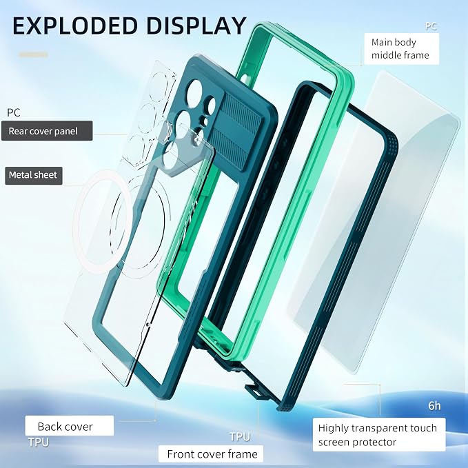 Guppy for Galaxy S25 Ultra Magnetic Waterproof Case, Built-in Screen Protector [IP68 Waterproof][14FT Military Drop Proof] 360° Full Body Protection Dustproof Shockproof Heavy Duty Rugged Case, Cyan