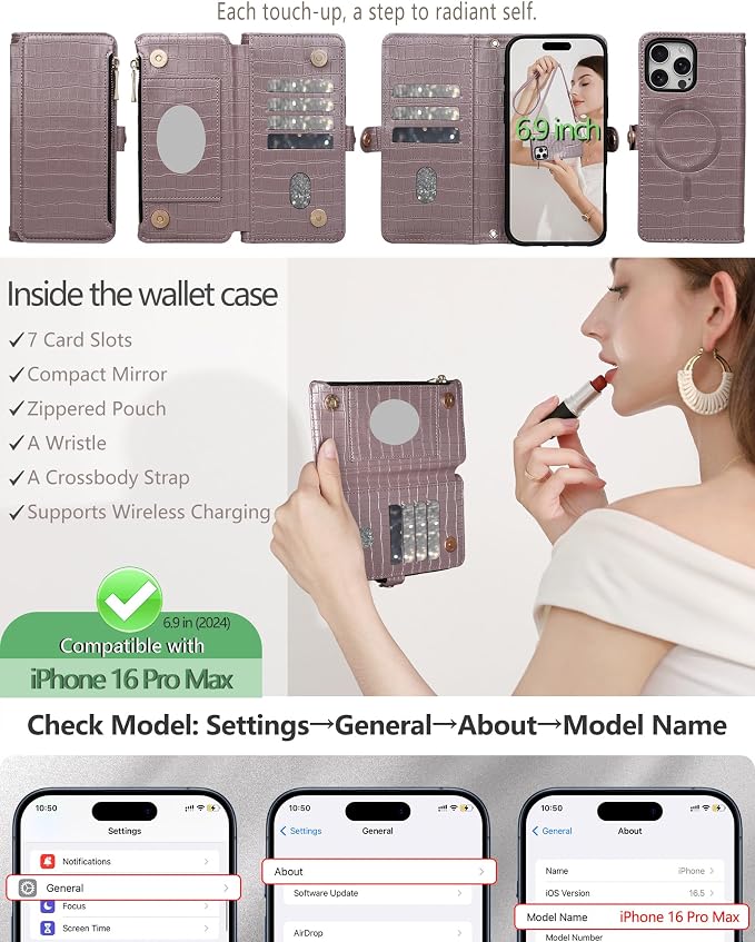 Crossbody Wallet Case for iPhone 16 Pro Max with Mirror, Wrist Strap, Zipper Purse Magnetic Flip RFID Blocking Card Holder, Wireless Charging, PU Leather Shockproof 6.9" Women (Rose Gold)