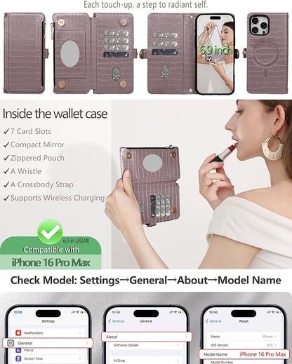Crossbody Wallet Case for iPhone 16 Pro Max with Mirror, Wrist Strap, Zipper Purse Magnetic Flip RFID Blocking Card Holder, Wireless Charging, PU Leather Shockproof 6.9" Women (Rose Gold)