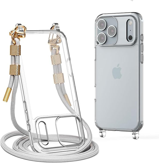 for iPhone 17 Pro Case with Strap, Clear Shockproof Crossbody Phone Cover w/Removable Anti-Theft Adjustable Lanyard for Women, Travel, Shopping, Hiking (6.3", Grey)