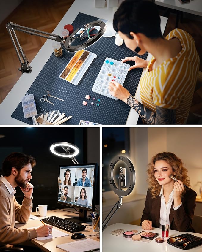 Magnetic Ring Light Overhead Camera Phone Mount for Desk, 10” Selfie Light for iPhone with MagSafe-Compatible Phone Holder for Video Recording, Zoom Meeting, Live Streaming