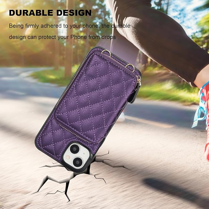Bocasal Crossbody Wallet Case for iPhone 14 Plus, RFID Blocking PU Leather Zipper Handbag Purse Flip Cover, Kickstand Folio Case with Card Slots Holder Wrist Strap Lanyard 5G 6.7 Inch (Dark Purple)