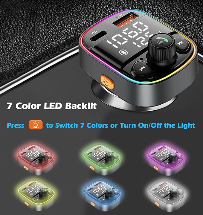 LIHAN Bluetooth 5.4 Bluetooth Car Adapter, FM Transmitter with QC3.0/Type-C 42W Fast Charging, Dual LED Display, HiFi Bass, Handsfree Calls/Audio Transmitter, TF/USB Music Player, 7-Color Backlit