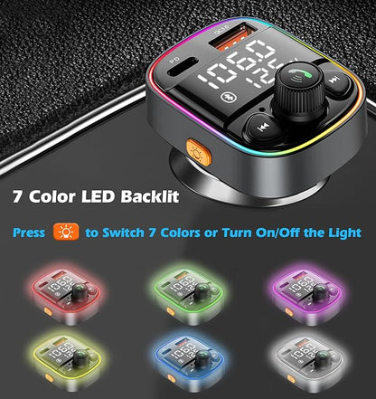 LIHAN Bluetooth 5.4 Bluetooth Car Adapter, FM Transmitter with QC3.0/Type-C 42W Fast Charging, Dual LED Display, HiFi Bass, Handsfree Calls/Audio Transmitter, TF/USB Music Player, 7-Color Backlit