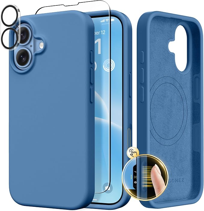 GONEZ Magnetic for iPhone 17 Case, Compatible with MagSafe, [Screen Protector + Camera Lens Protector], Liquid Silicone Anti-Scratch Shockproof Protective Phone Case 6.3 inch, Lake Blue