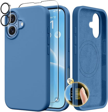 GONEZ Magnetic for iPhone 17 Case, Compatible with MagSafe, [Screen Protector + Camera Lens Protector], Liquid Silicone Anti-Scratch Shockproof Protective Phone Case 6.3 inch, Lake Blue