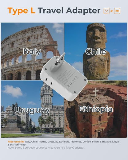 TESSAN Italy Travel Plug Adapter 2 Pack, PD 20W Italy Power Adapter with 4 AC Outlets 4 USB Ports (2 USB C), Type L Adaptor for US to Italian Chile Rome Milan Libya Uruguay