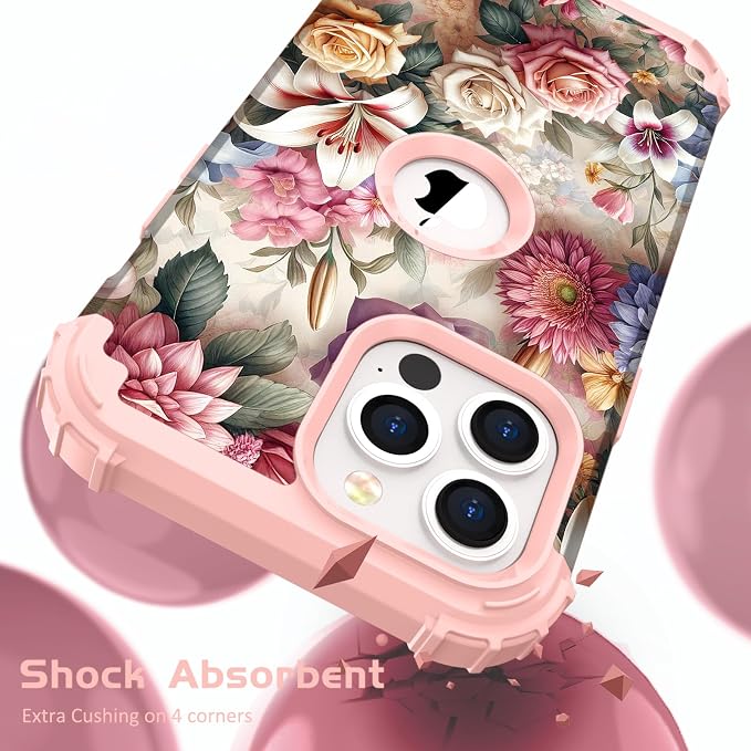 Hocase for iPhone 13 Pro Max Case, Heavy Duty Shockproof Protection Soft Silicone Rubber Bumper+Hard Plastic Hybrid Protective Case for iPhone 13 Pro Max (6.7") 2021 - Rose & Lily Flowers