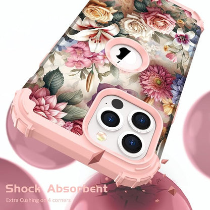 Hocase for iPhone 13 Pro Max Case, Heavy Duty Shockproof Protection Soft Silicone Rubber Bumper+Hard Plastic Hybrid Protective Case for iPhone 13 Pro Max (6.7") 2021 - Rose & Lily Flowers