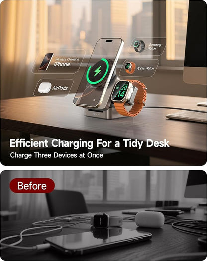 ZEEHOO 3-in-1 Foldable Magnetic Wireless Charging Station, Qi2 Certified 15W Travel Charger Stand Dock Wireless Charger for iPhone 17/16/15/14/13/12 Series, Apple Watch, AirPods (30W Adapter Included)